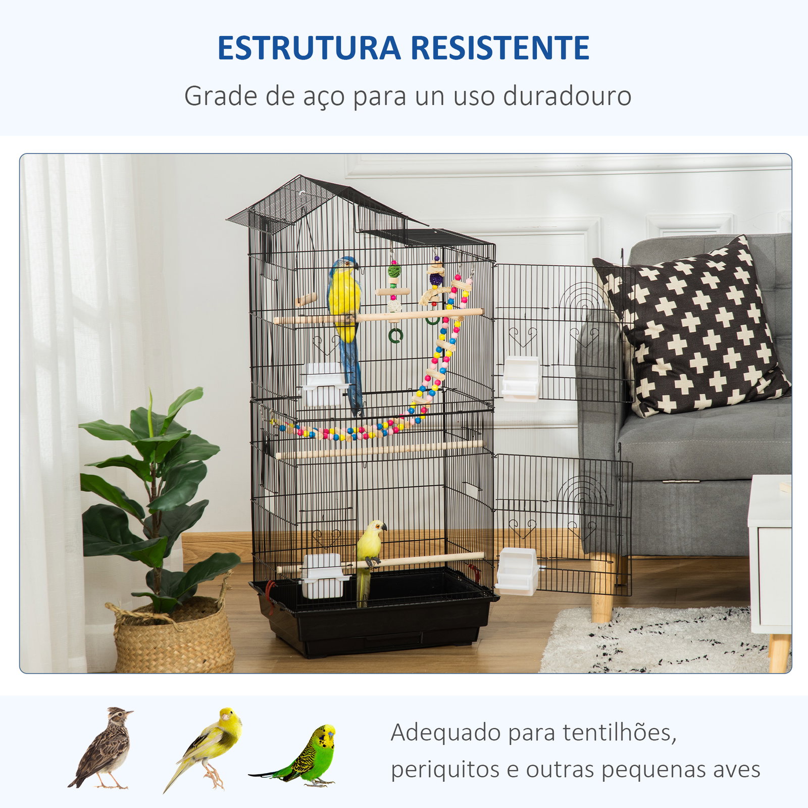 Gaiola para Passáros Gaiola de Metal com Múltiplas Portas 4 Comedouros 3 Poleiros Baloiço Escadas e Bandeja Removível para Periq