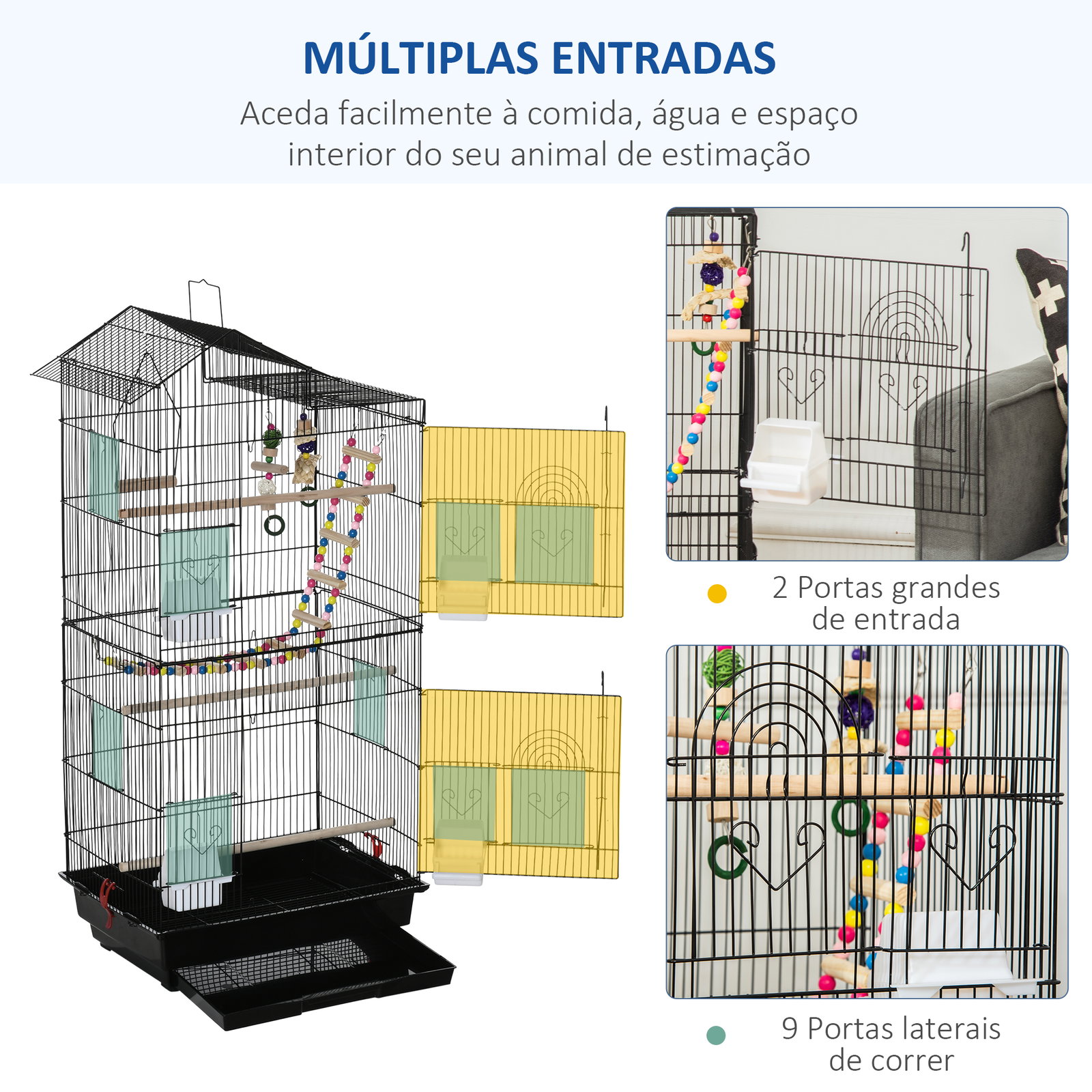 Gaiola para Passáros Gaiola de Metal com Múltiplas Portas 4 Comedouros 3 Poleiros Baloiço Escadas e Bandeja Removível para Periq