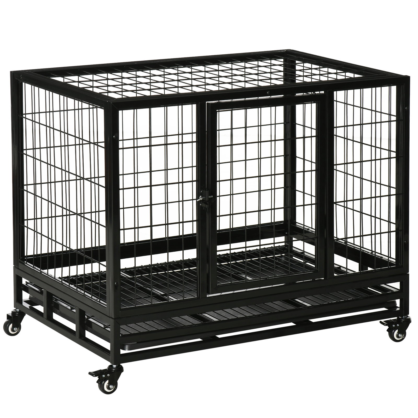 Gaiola de metal para cães com rodas e freios bandeja removível e porta com trava para golden retriver labrador 92x62x75cm preto