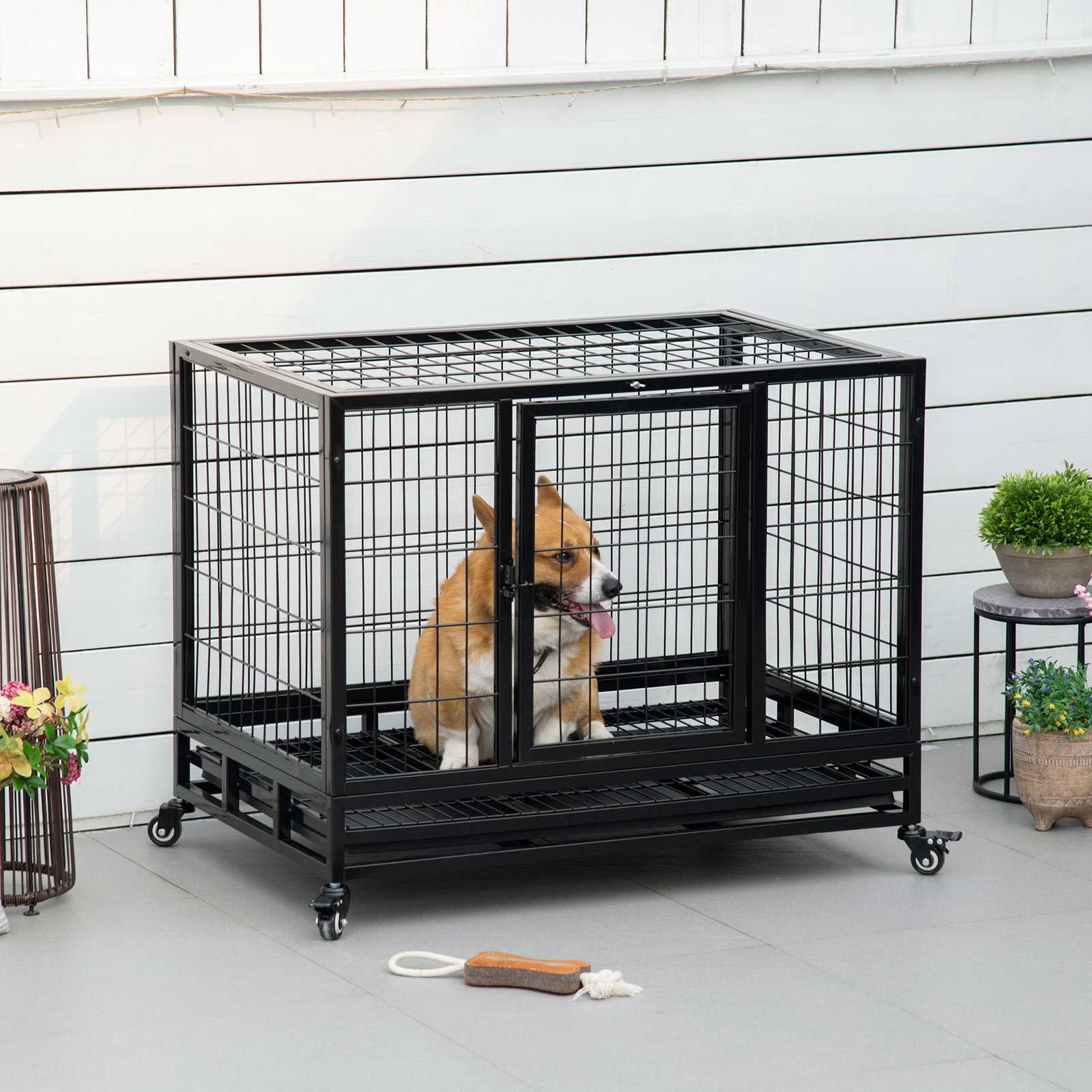 Gaiola de metal para cães com rodas e freios bandeja removível e porta com trava para golden retriver labrador 92x62x75cm preto