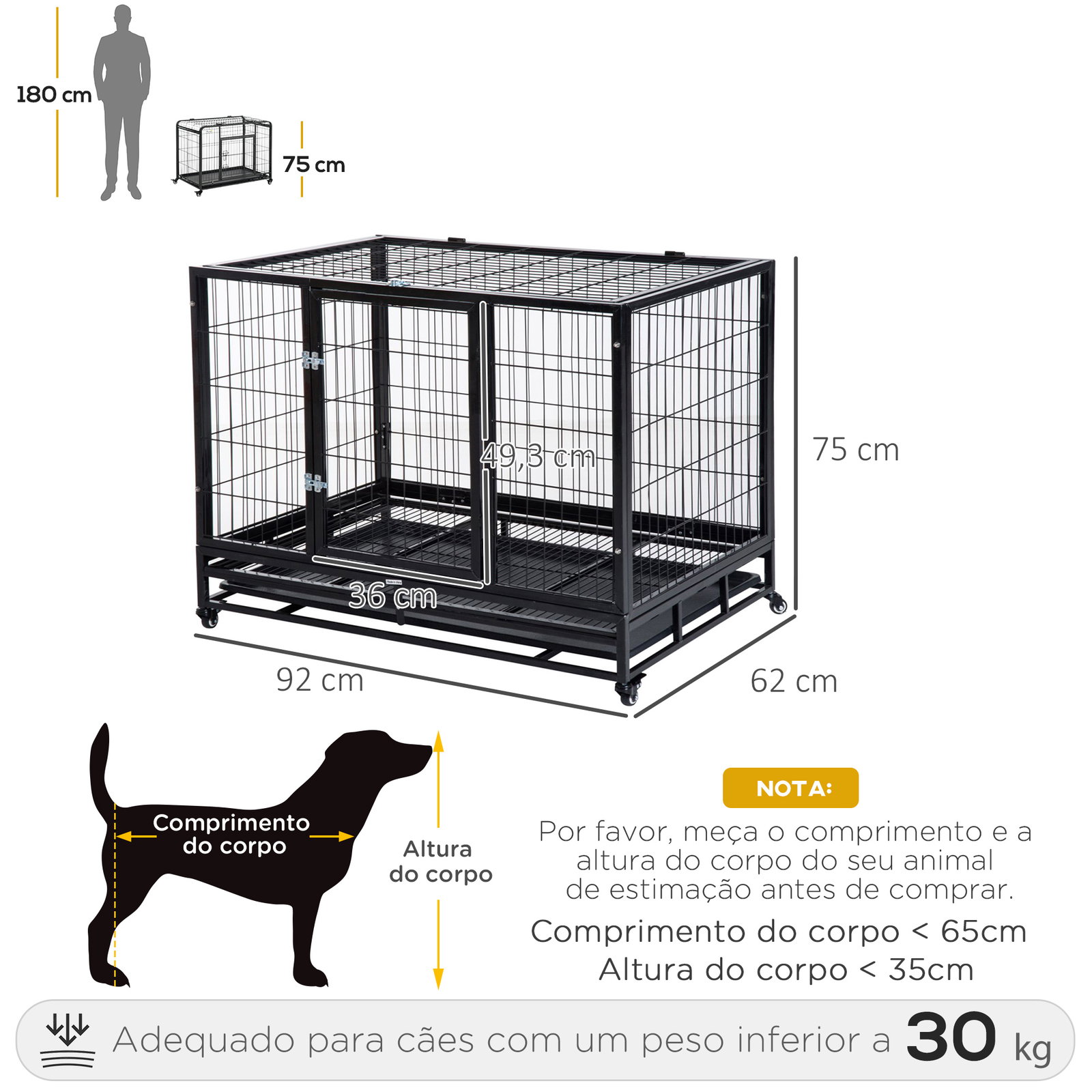 Gaiola de metal para cães com rodas e freios bandeja removível e porta com trava para golden retriver labrador 92x62x75cm preto