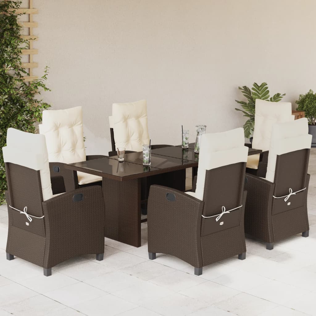 7 Pcs conjunto jantar p/ jardim c/ almofadões vime PE castanho
