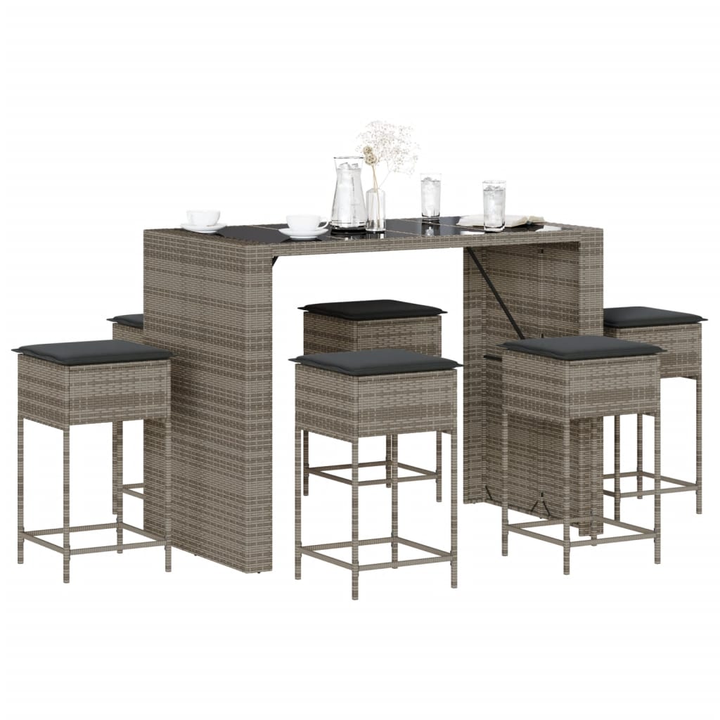 7 Pcs conjunto de bar p/ jardim c/ almofadões vime PE cinzento