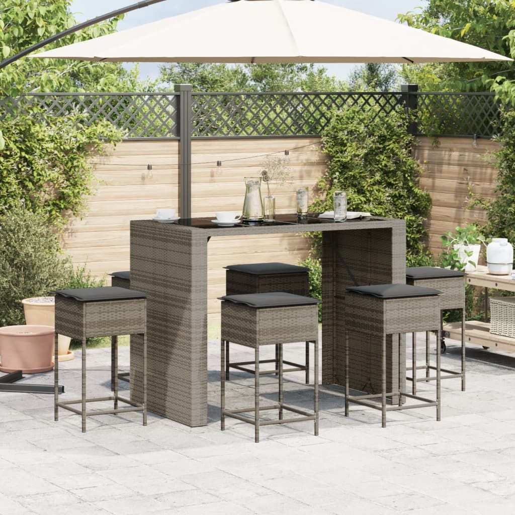 7 Pcs conjunto de bar p/ jardim c/ almofadões vime PE cinzento