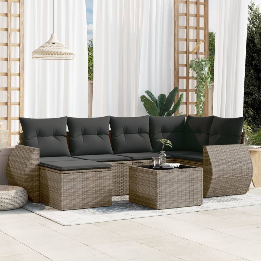 7 Pcs conjunto sofás p/ jardim c/ almofadões vime PE cinzento