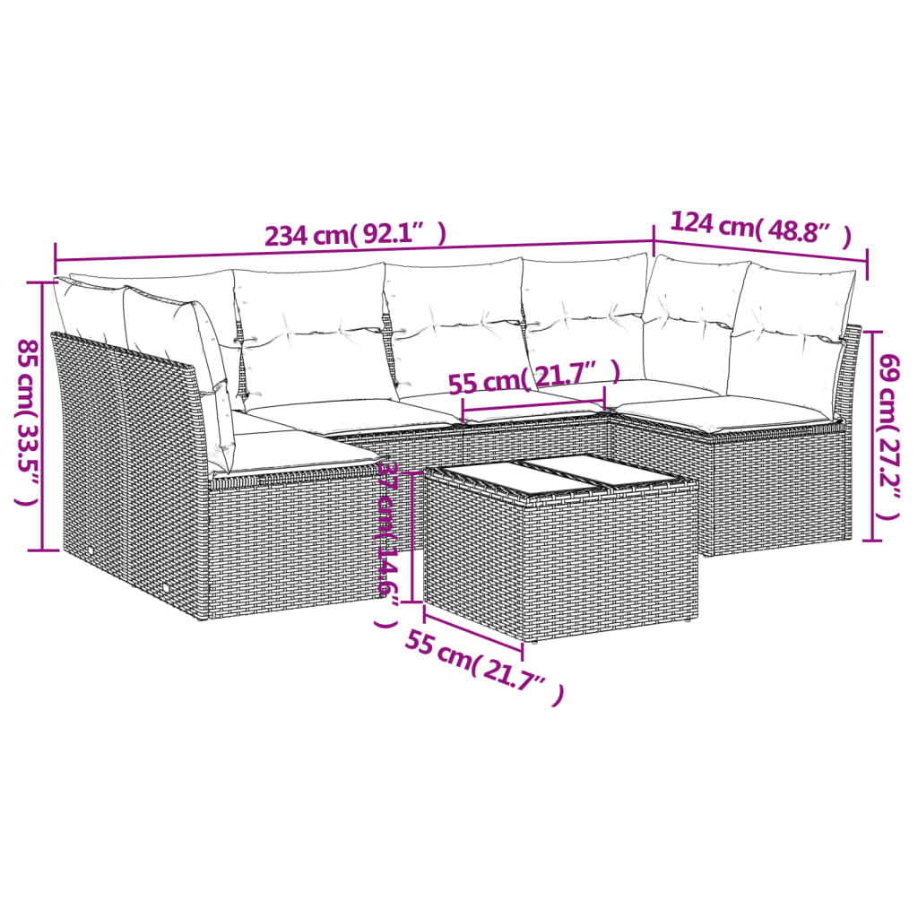 7 Pcs conjunto de sofás jardim c/ almofadões vime PE castanho