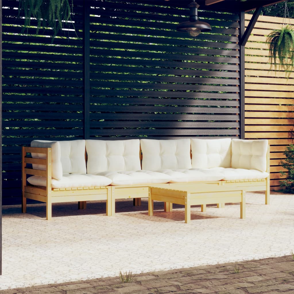 5 Pcs conjunto lounge jardim c/ almofadões creme pinho maciço
