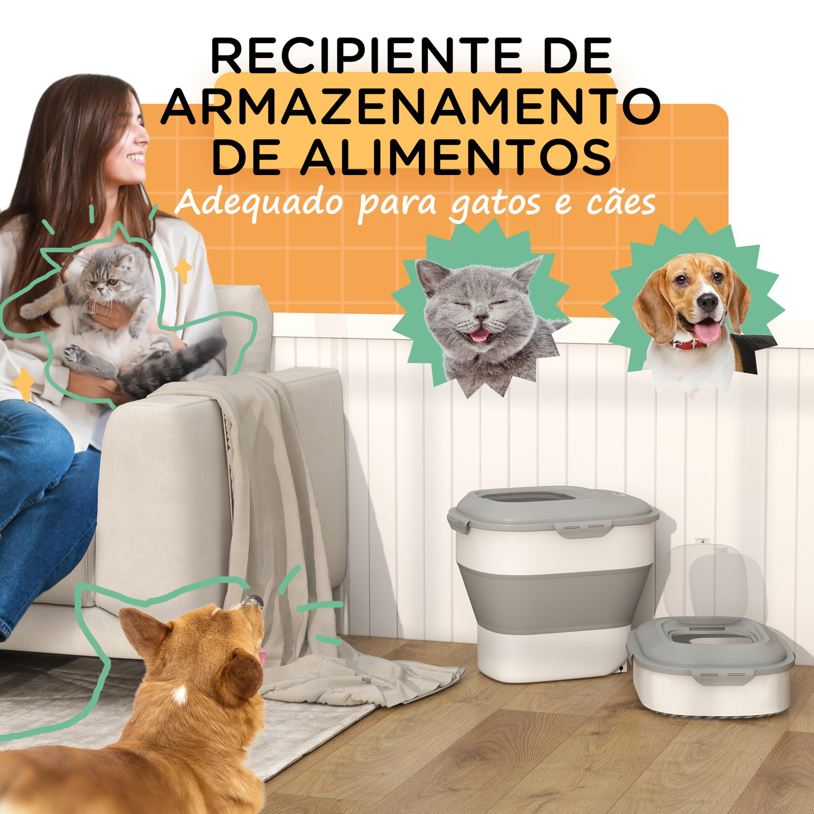 Recipiente de comida para cães 25l com rodas copo medidor tigela dobrável e colher cinza