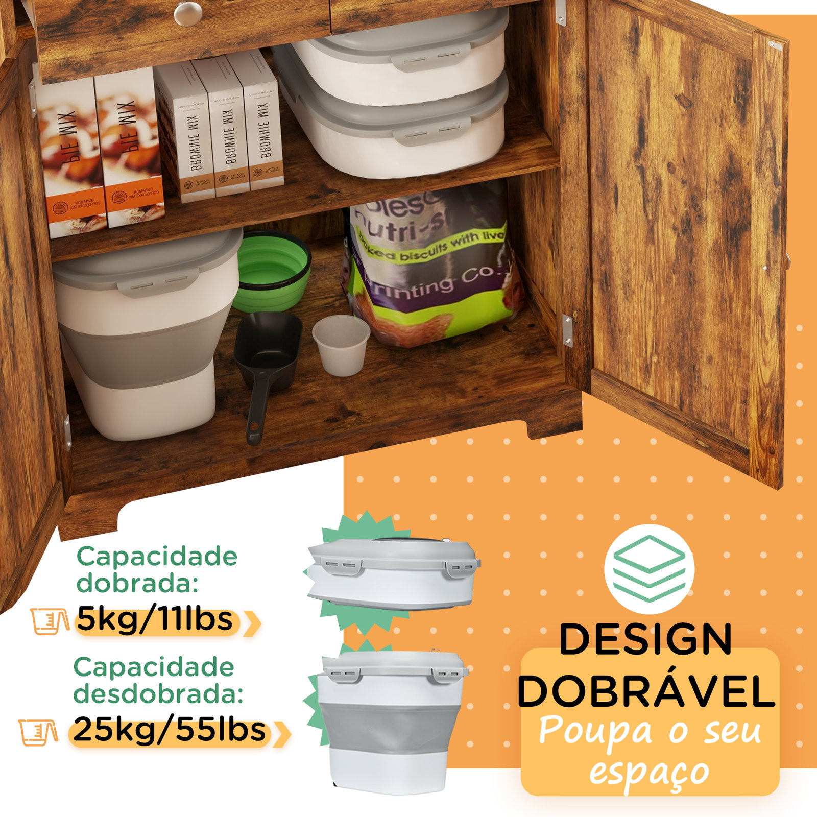 Recipiente de comida para cães 25l com rodas copo medidor tigela dobrável e colher cinza