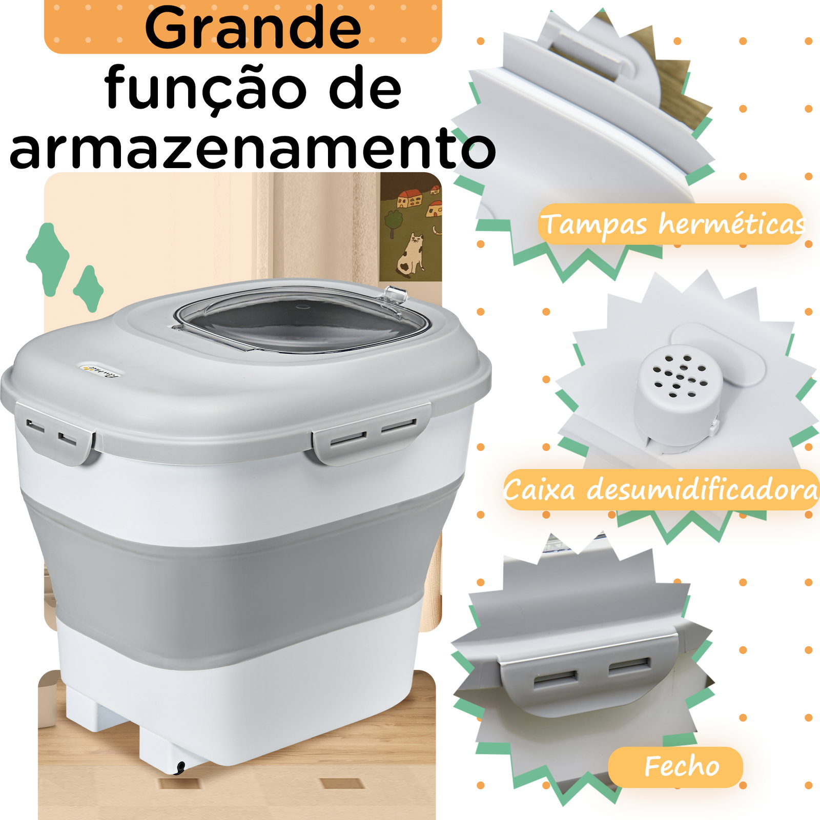 Recipiente de comida para cães 25l com rodas copo medidor tigela dobrável e colher cinza