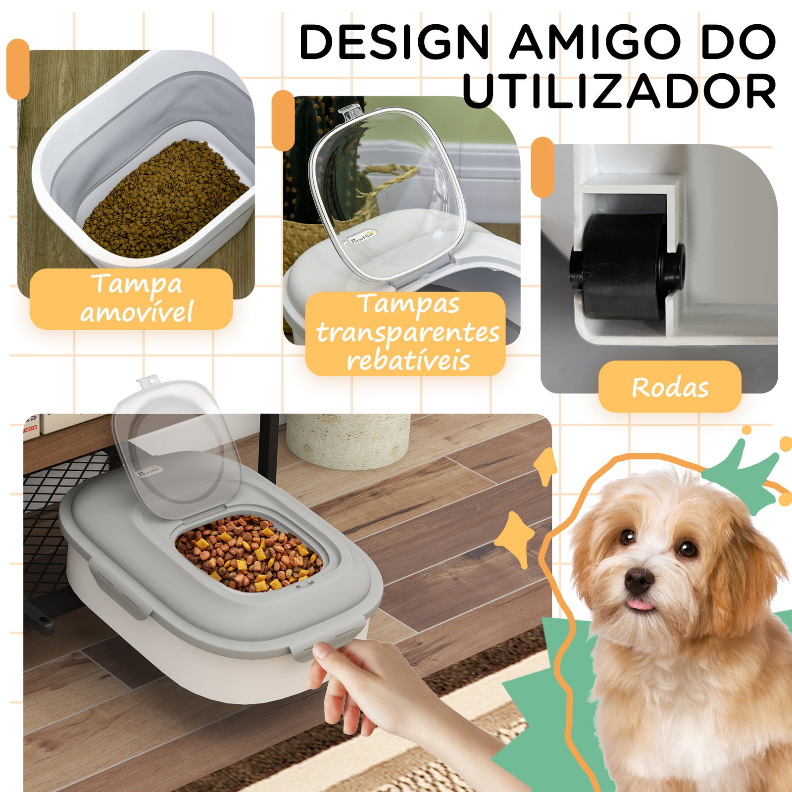 Recipiente de comida para cães 25l com rodas copo medidor tigela dobrável e colher cinza