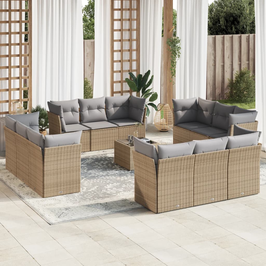13 Pcs conjunto de sofás p/ jardim com almofadões vime PE bege