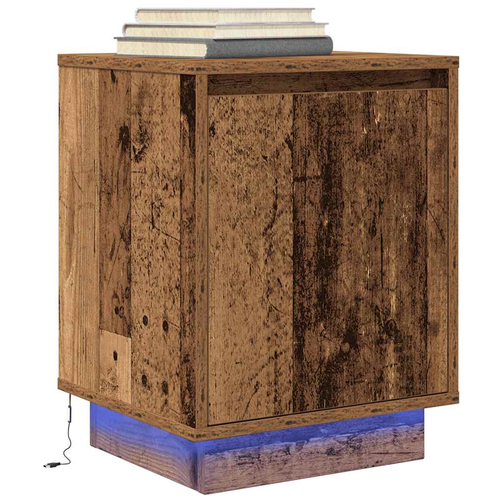 Mesa de cabeceira com luzes LED 38x34x50 cm madeira velha