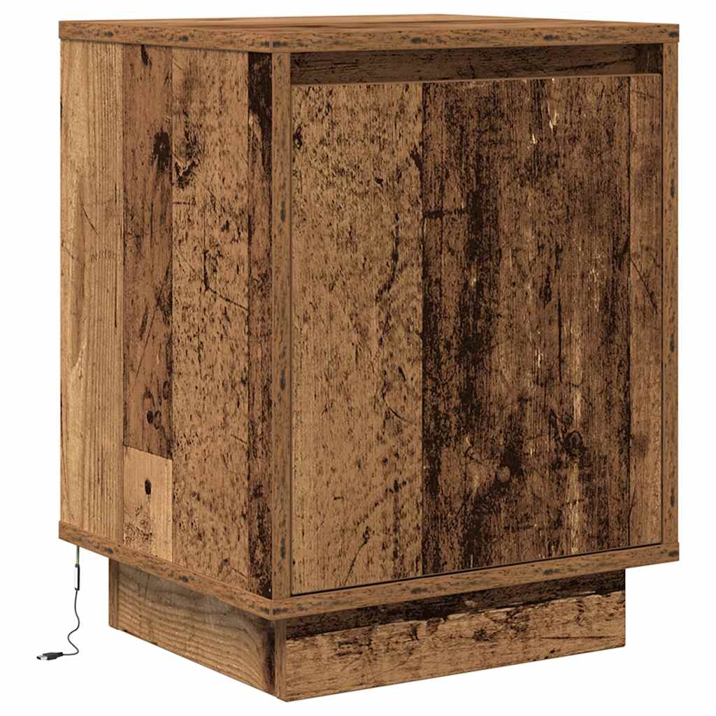 Mesa de cabeceira com luzes LED 38x34x50 cm madeira velha