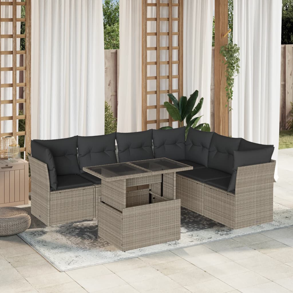 7 Pcs conj. sofás jardim com almofadões vime PE cinzento-claro
