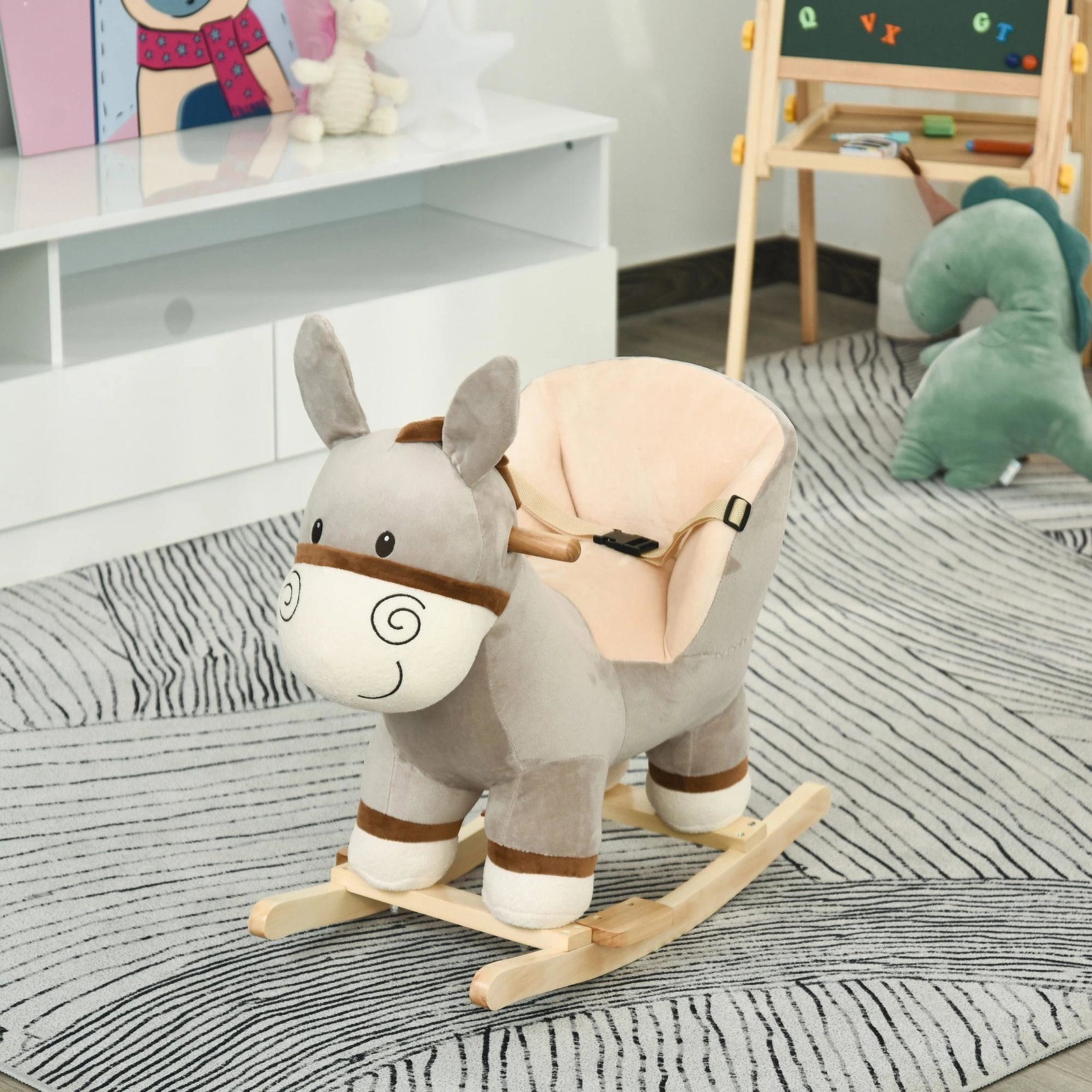 Baloiço infantil em forma de burro para bebés 18-36 meses com som cinto de segurança apoio para os pés 61x34x58 cm cinza