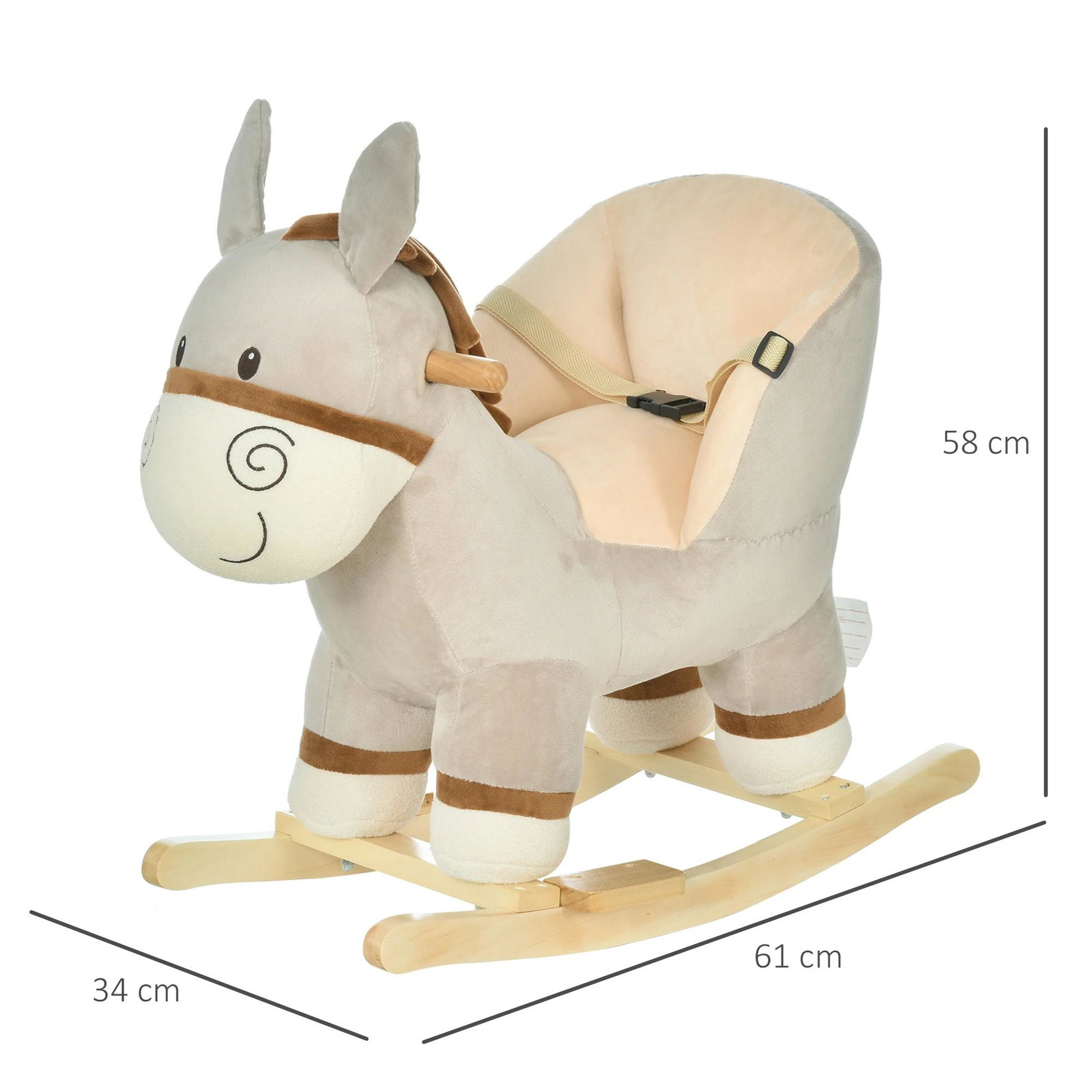 Baloiço infantil em forma de burro para bebés 18-36 meses com som cinto de segurança apoio para os pés 61x34x58 cm cinza