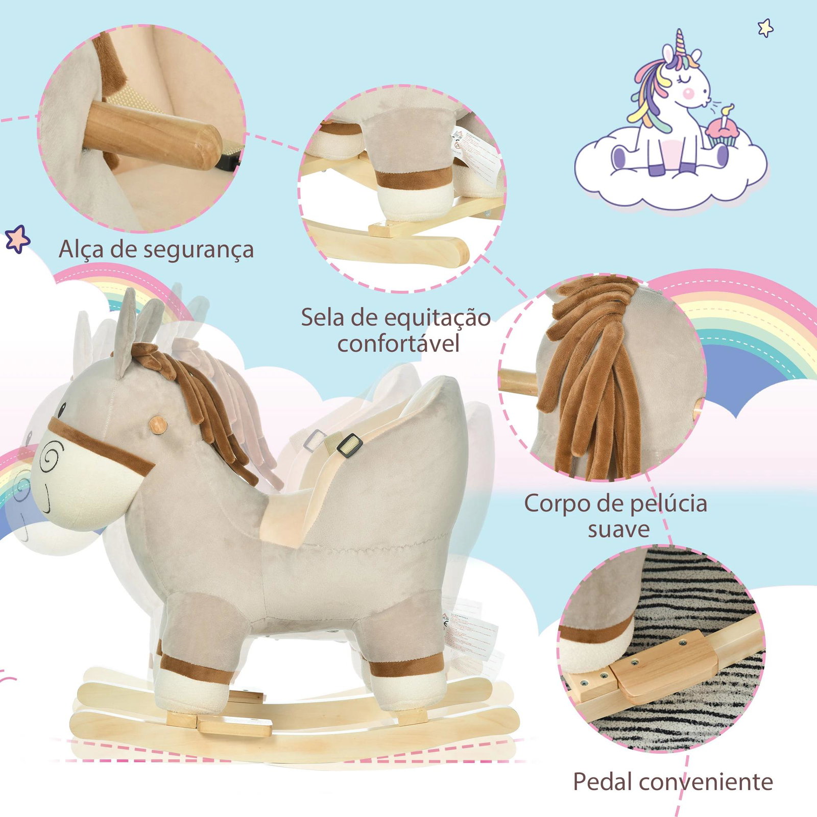 Baloiço infantil em forma de burro para bebés 18-36 meses com som cinto de segurança apoio para os pés 61x34x58 cm cinza