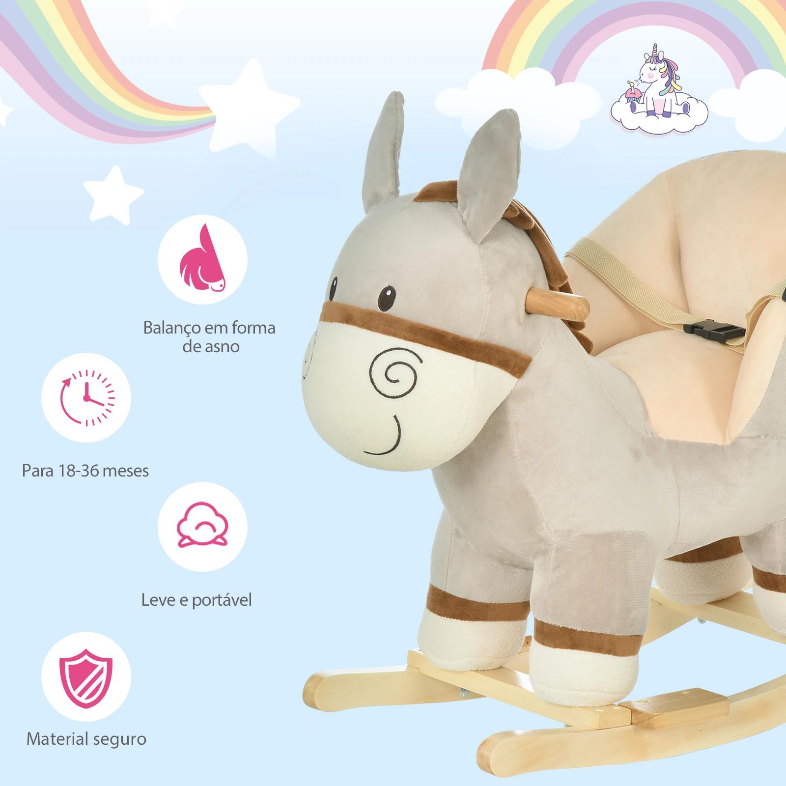 Baloiço infantil em forma de burro para bebés 18-36 meses com som cinto de segurança apoio para os pés 61x34x58 cm cinza