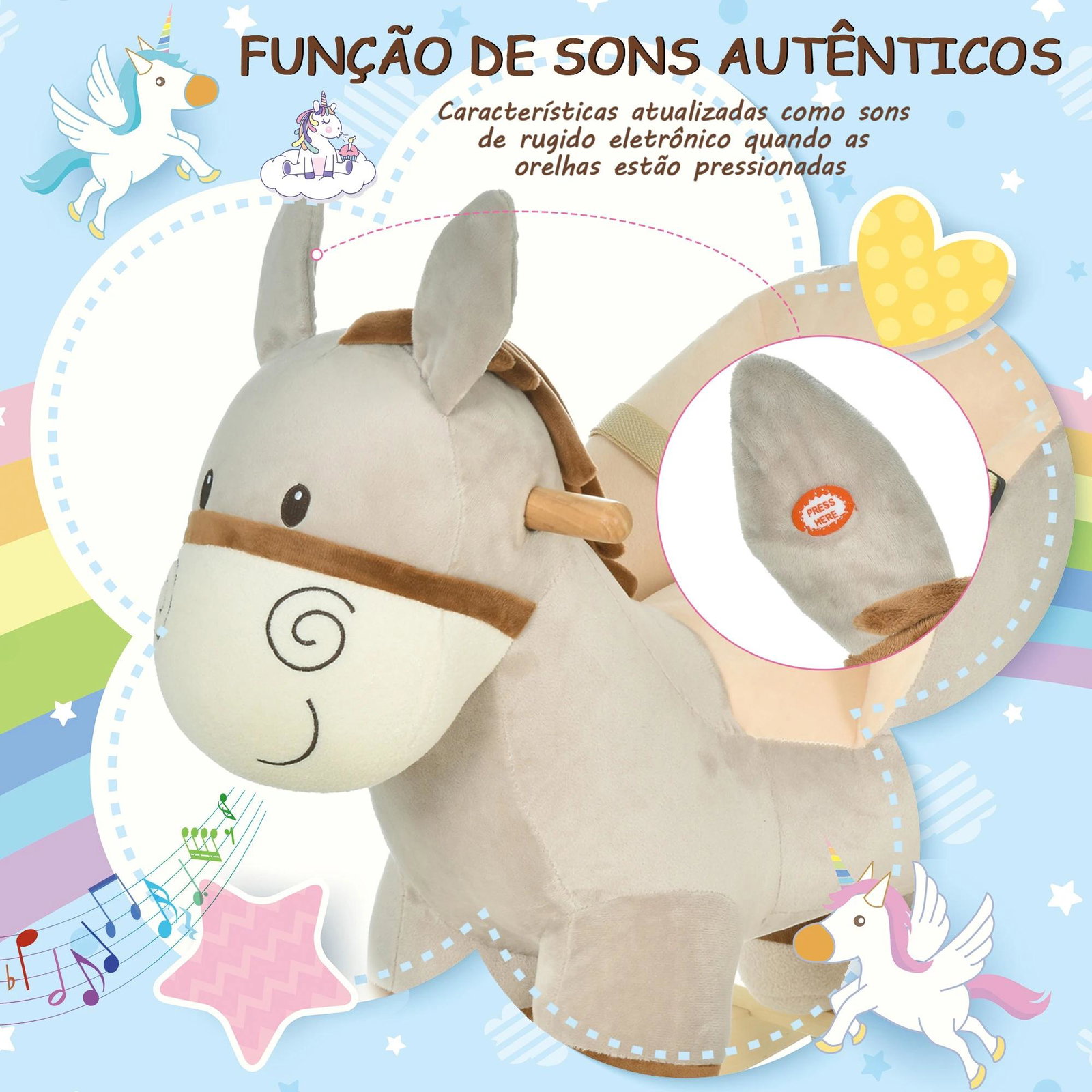 Baloiço infantil em forma de burro para bebés 18-36 meses com som cinto de segurança apoio para os pés 61x34x58 cm cinza