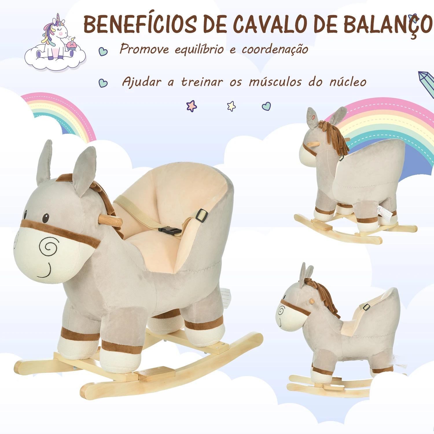 Baloiço infantil em forma de burro para bebés 18-36 meses com som cinto de segurança apoio para os pés 61x34x58 cm cinza