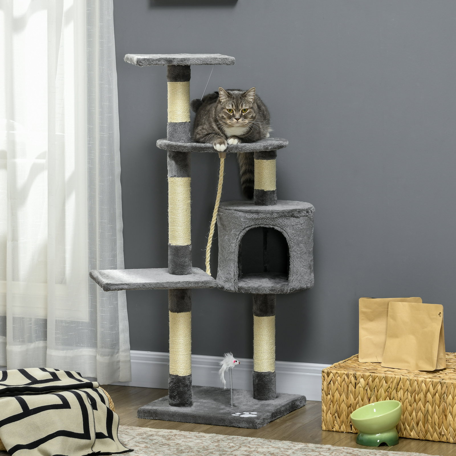 Arranhador para gatos com 4 níveis com poste para afiar as garras caverna plataformas e brinquedos 40x40x116 cm cinzento escuro