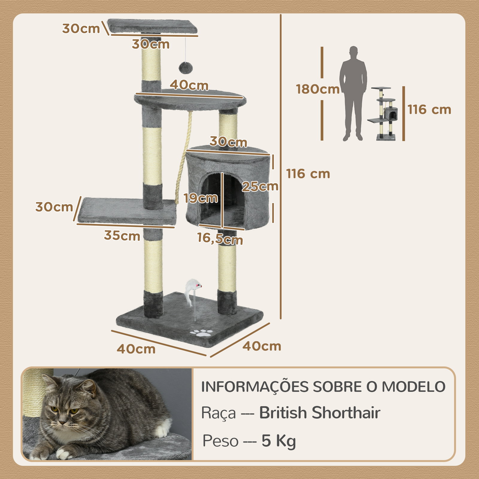 Arranhador para gatos com 4 níveis com poste para afiar as garras caverna plataformas e brinquedos 40x40x116 cm cinzento escuro