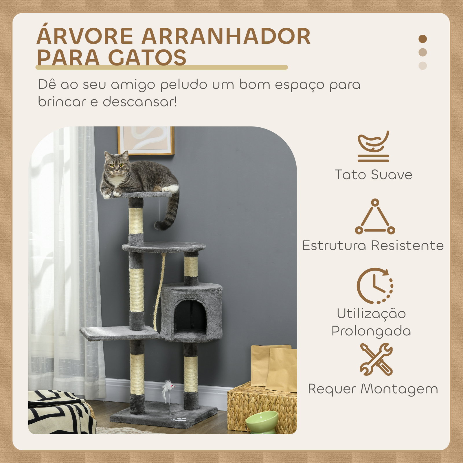 Arranhador para gatos com 4 níveis com poste para afiar as garras caverna plataformas e brinquedos 40x40x116 cm cinzento escuro