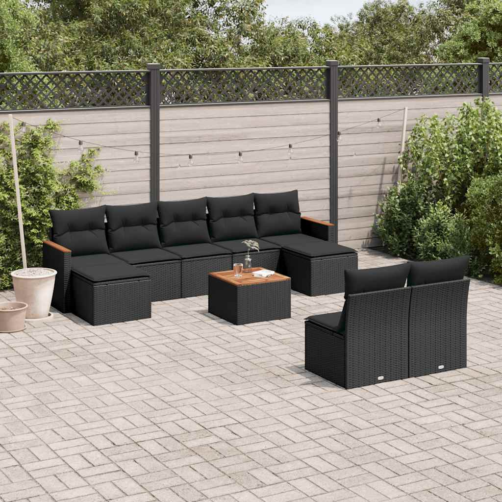 10 Pcs conjunto sofás de jardim c/ almofadões vime PE preto