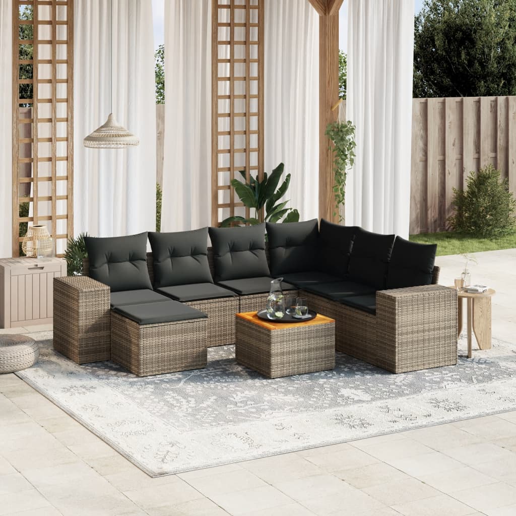8 Pcs conjunto sofás de jardim c/ almofadões vime PE cinzento