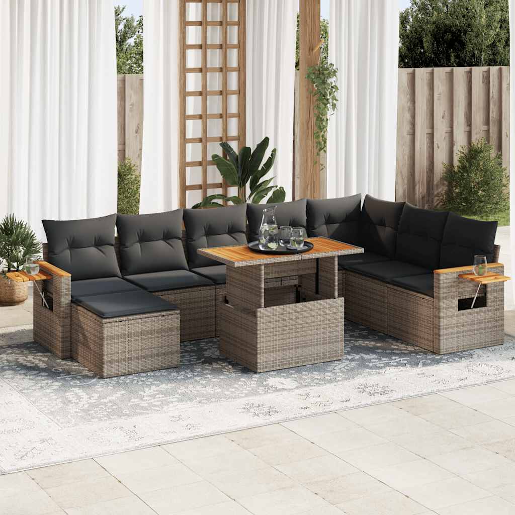 9 Pcs conjunto sofás jardim almofadões vime PE/acácia cinzento