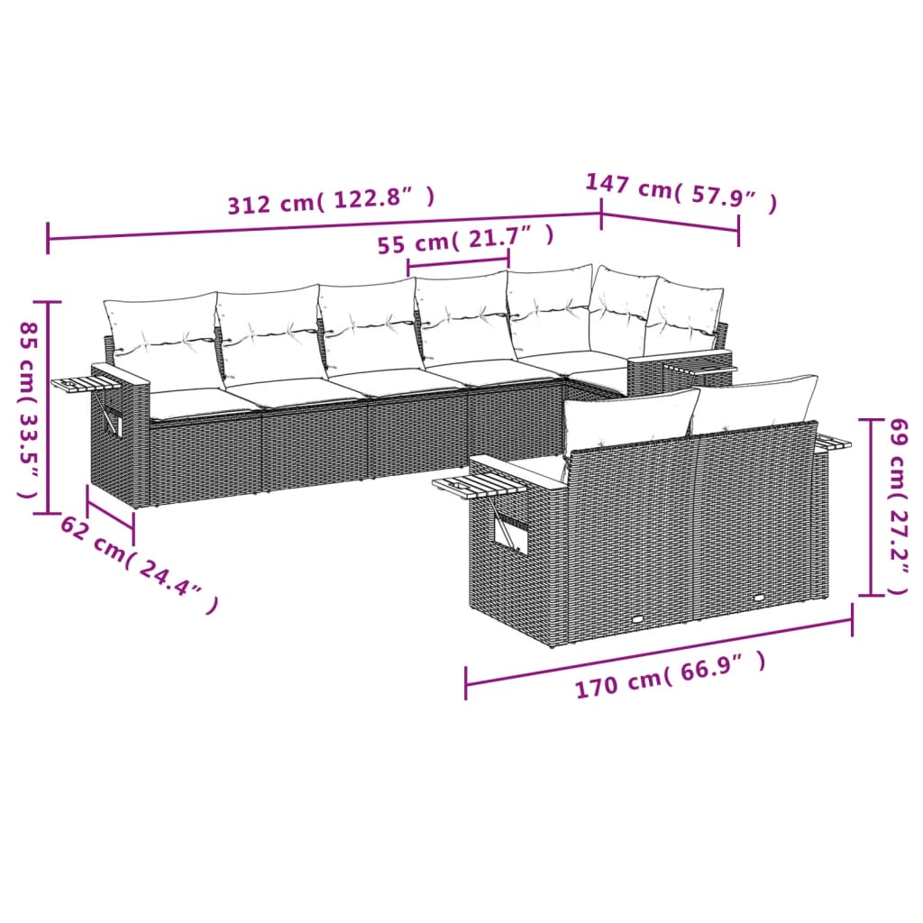 8 Pcs conjunto sofás de jardim com almofadões vime PE preto