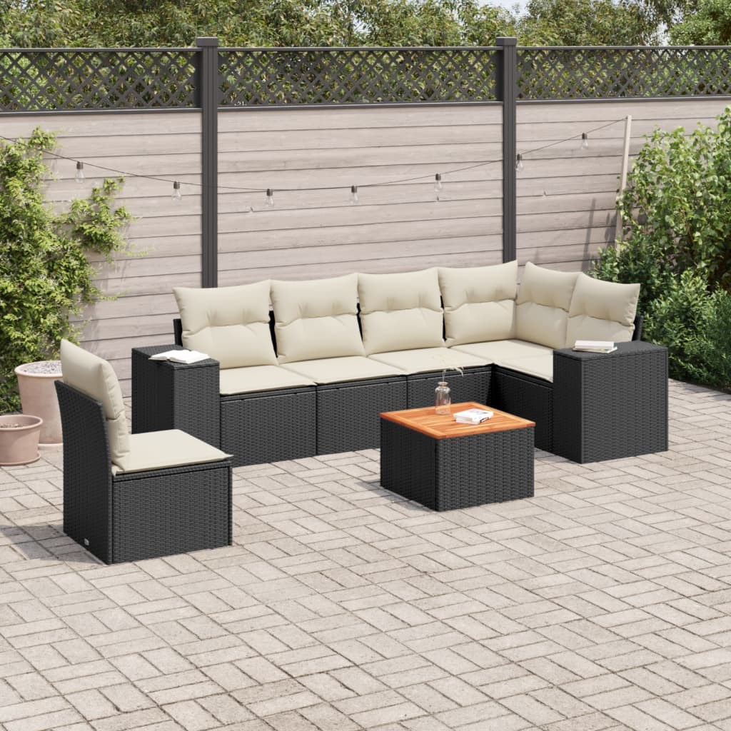 7 Pcs conjunto de sofás p/ jardim c/ almofadões vime PE preto