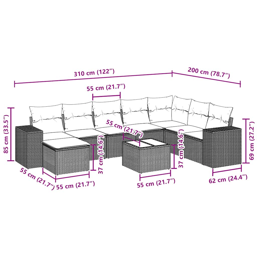 9 Pcs conjunto de sofás p/ jardim c/ almofadões vime PE preto