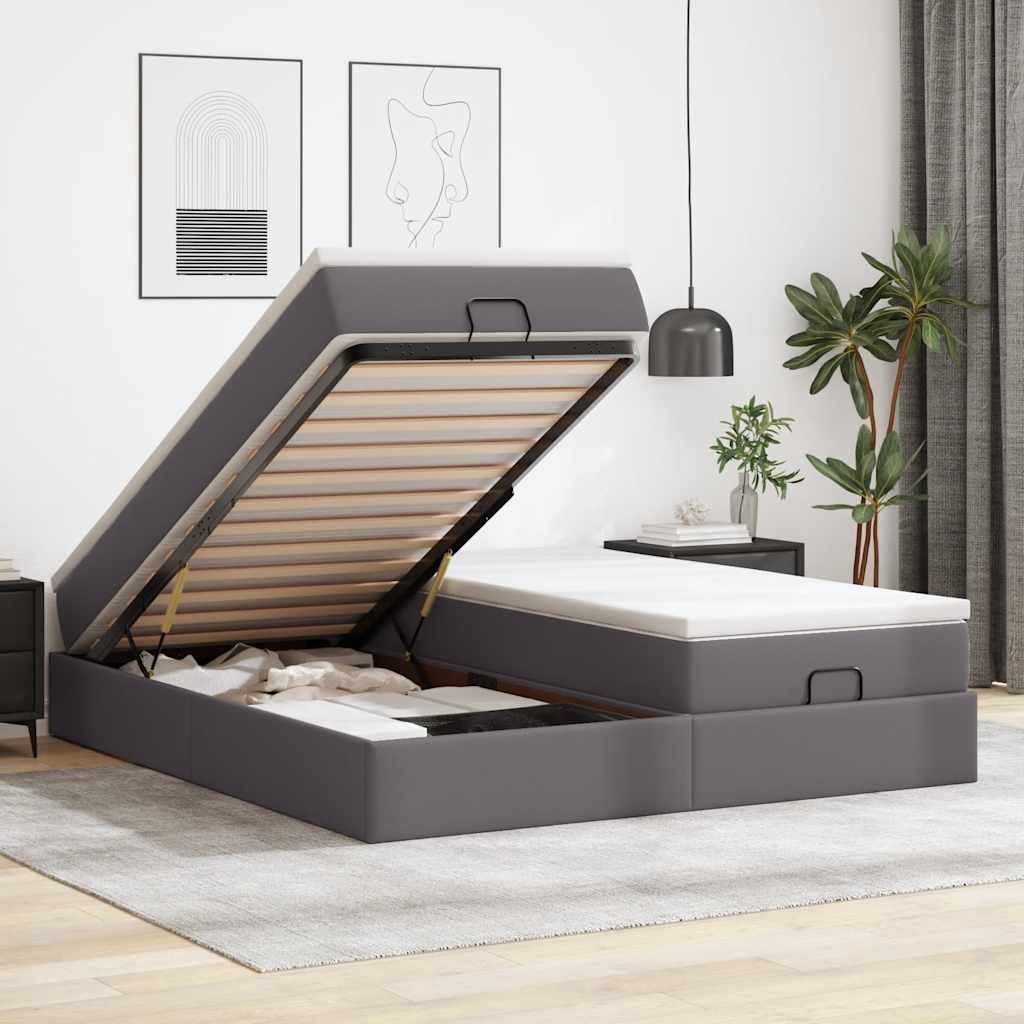 Estrutura de cama otomana com colchão cinza couro falso