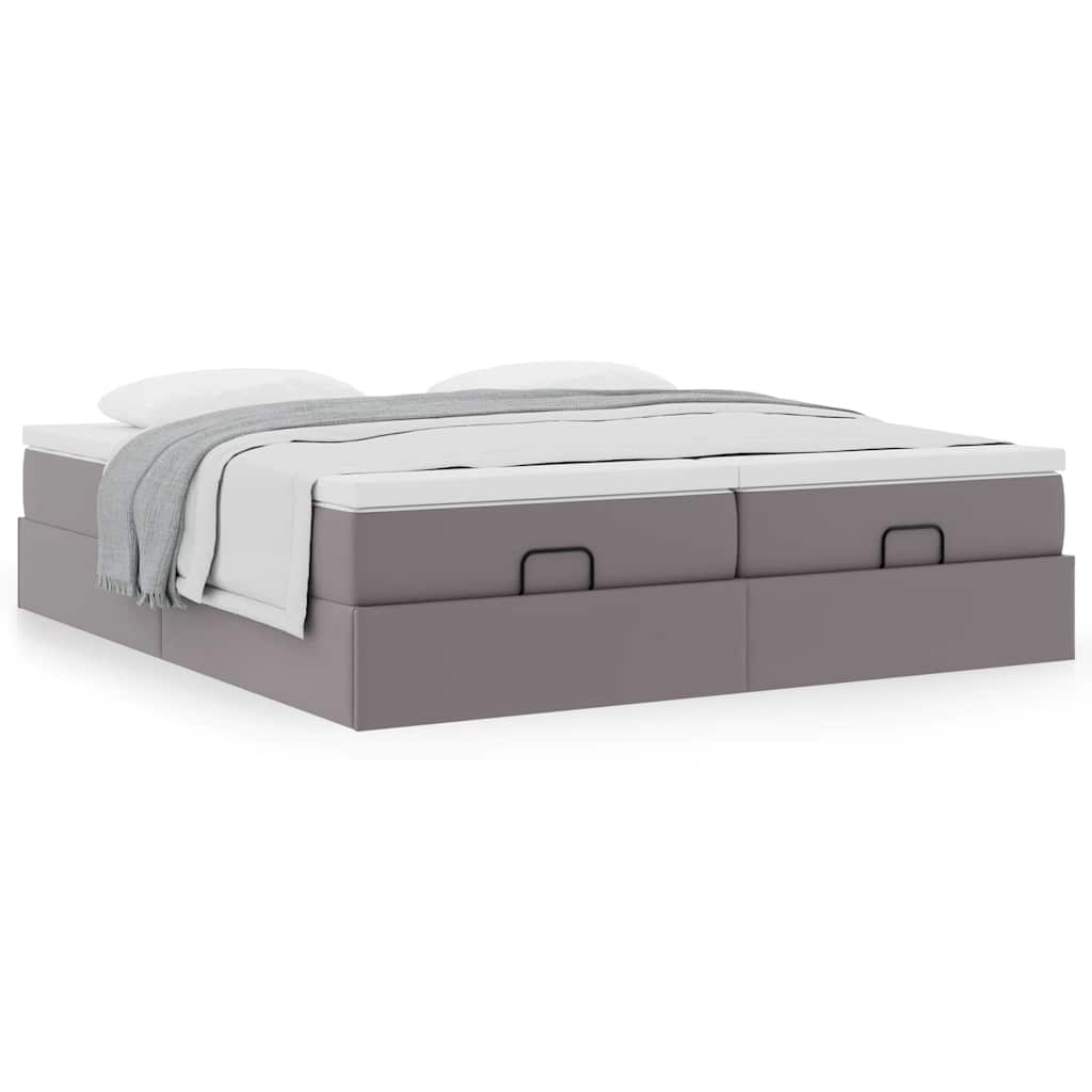 Estrutura de cama otomana com colchão cinza couro falso