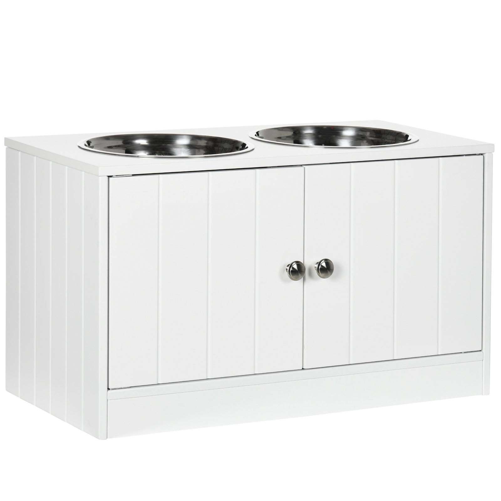 Comedouro elevado para cães grandes com 2 tigelas de 2000ml de aço inoxidável 2 portas e armazenamento 60x30x35,5cm branco