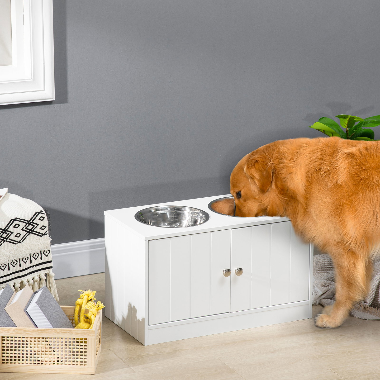 Comedouro elevado para cães grandes com 2 tigelas de 2000ml de aço inoxidável 2 portas e armazenamento 60x30x35,5cm branco
