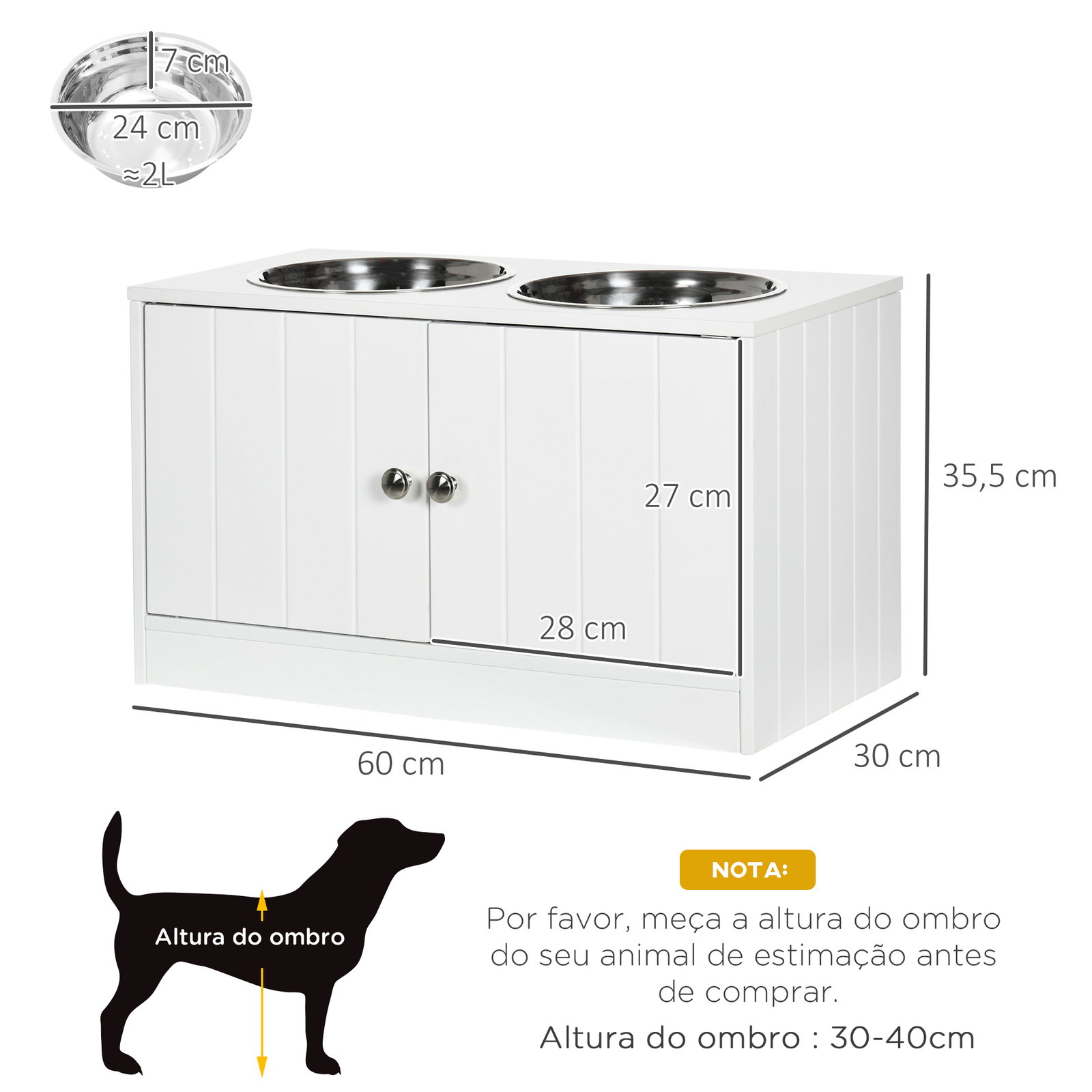 Comedouro elevado para cães grandes com 2 tigelas de 2000ml de aço inoxidável 2 portas e armazenamento 60x30x35,5cm branco