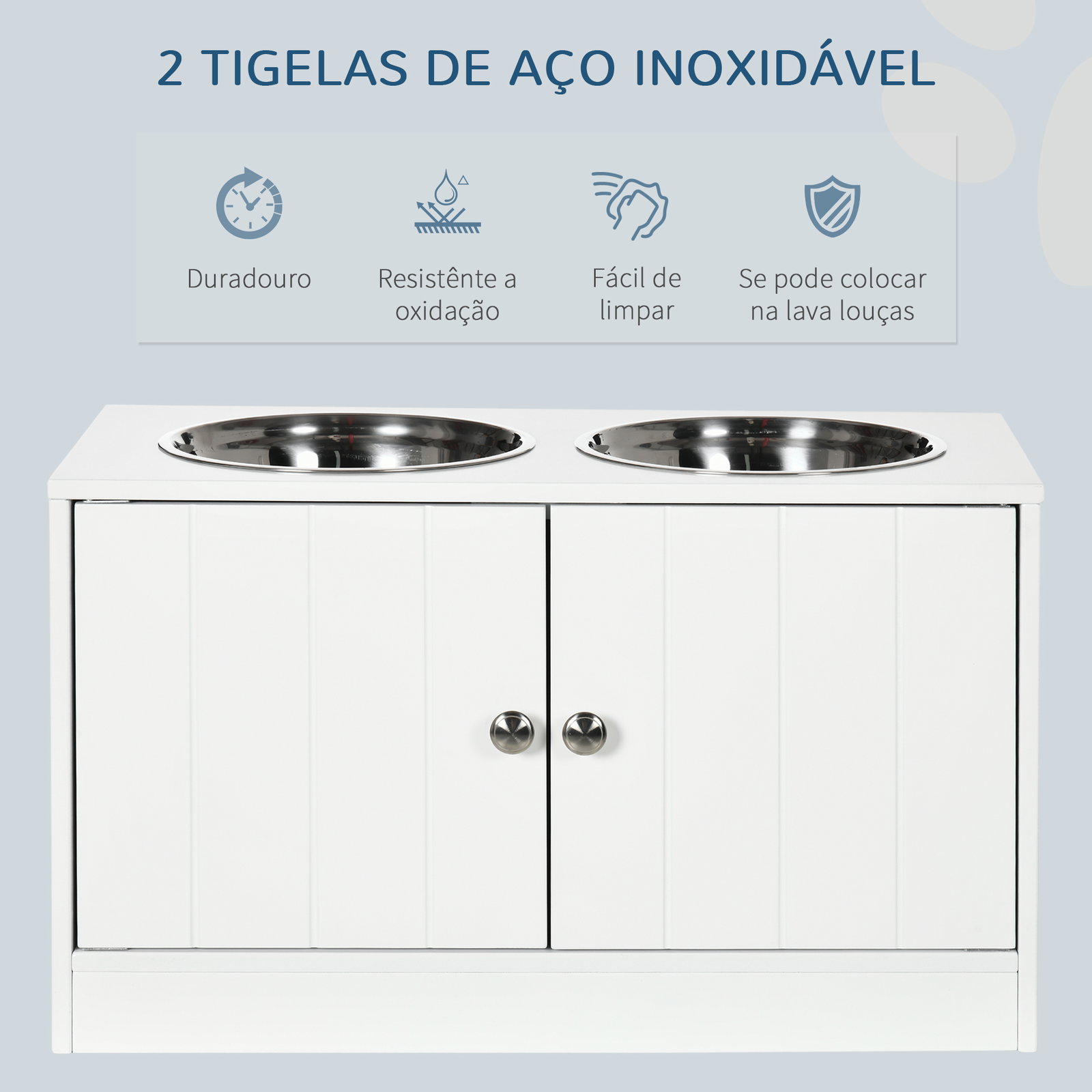 Comedouro elevado para cães grandes com 2 tigelas de 2000ml de aço inoxidável 2 portas e armazenamento 60x30x35,5cm branco