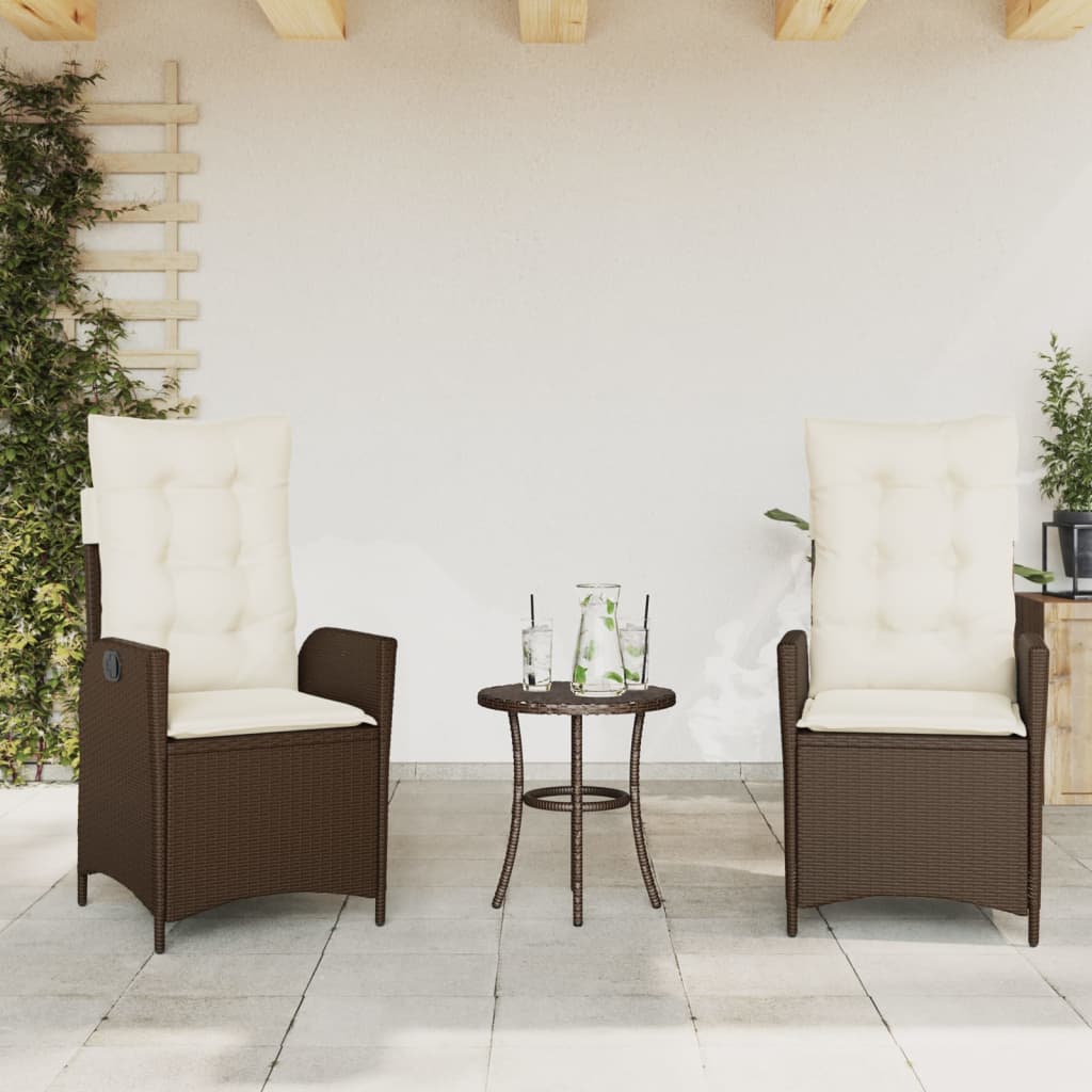 3 Pcs conjunto bistrô com almofadões vime PE castanho