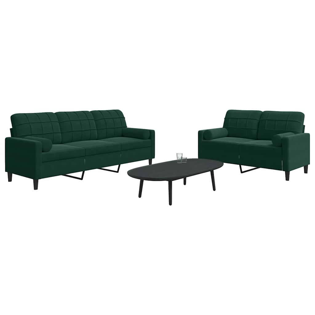 2 Pcs conjunto sofás com almofadões e rolos veludo verde-escuro