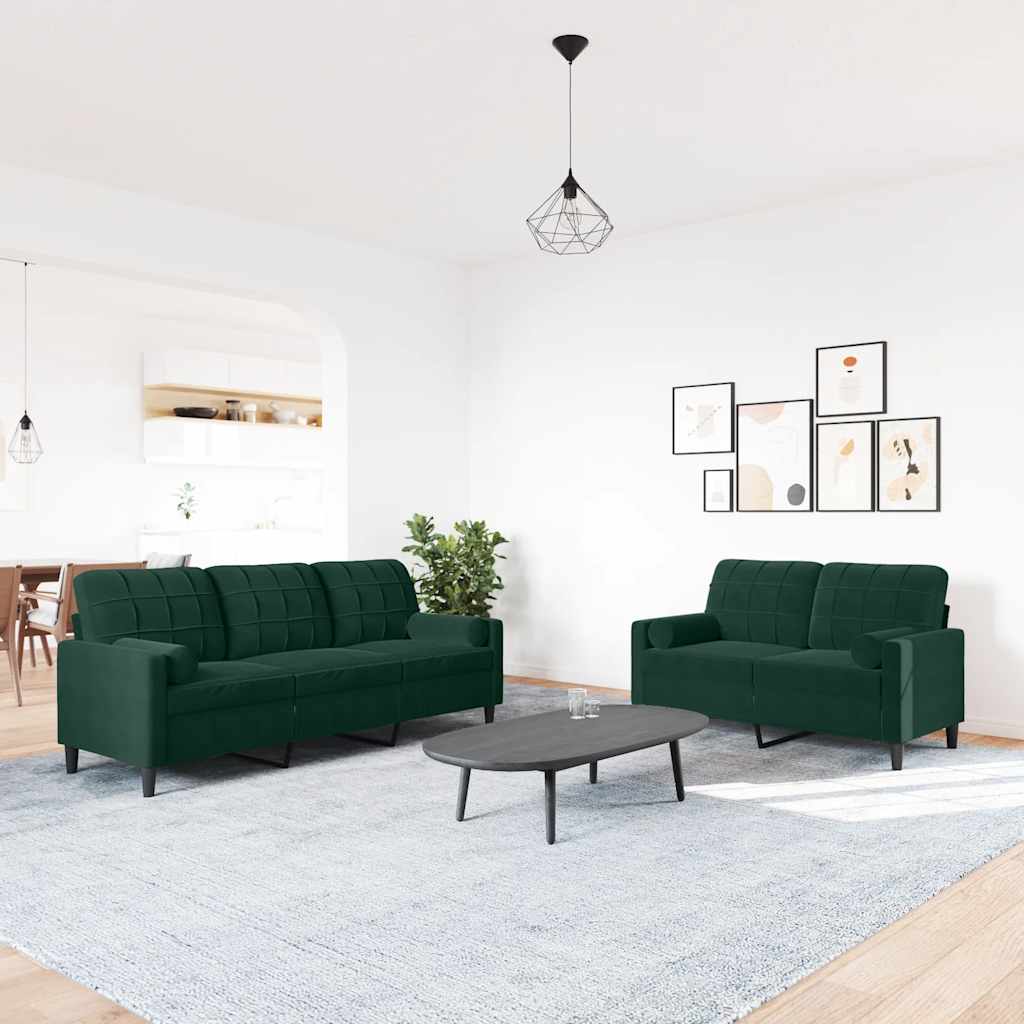 2 Pcs conjunto sofás com almofadões e rolos veludo verde-escuro