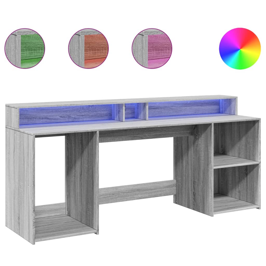 Secretária luzes LED 200x55x91cm deriv. madeira cinzento sonoma
