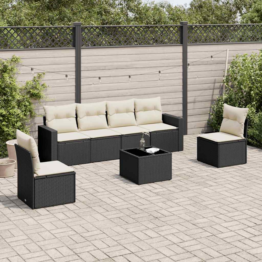 7 Pcs conjunto de sofás p/ jardim c/ almofadões vime PE preto