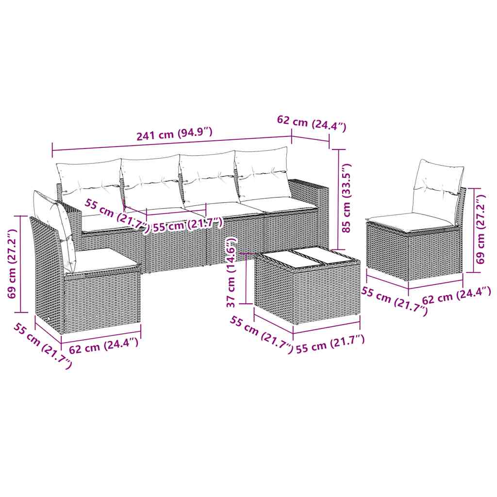 7 Pcs conjunto de sofás p/ jardim c/ almofadões vime PE preto
