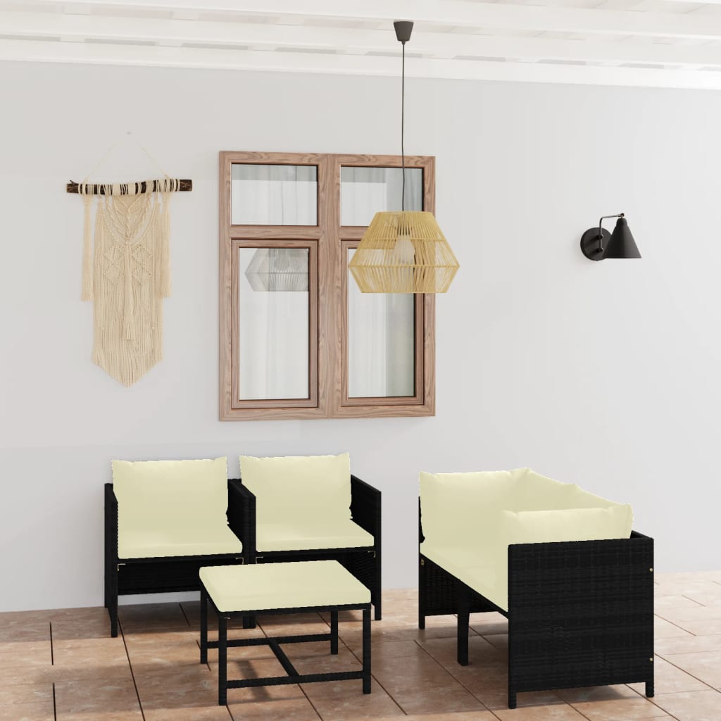 5 Pcs conjunto lounge de jardim c/ almofadões vime PE preto