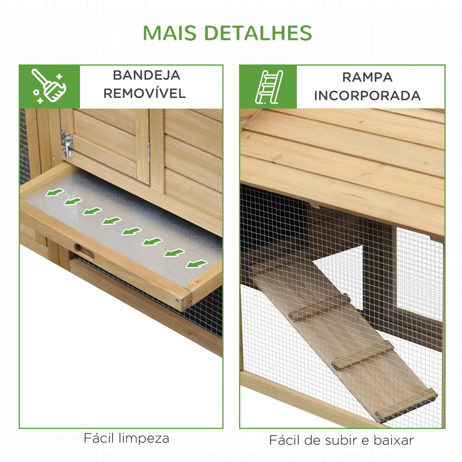Galinheiro de Madeira de Abeto para Exterior Gaiola para 2-3 Galinhas com Cercado de Arame Teto Abatível Caixa Ninho Bandeja Rem