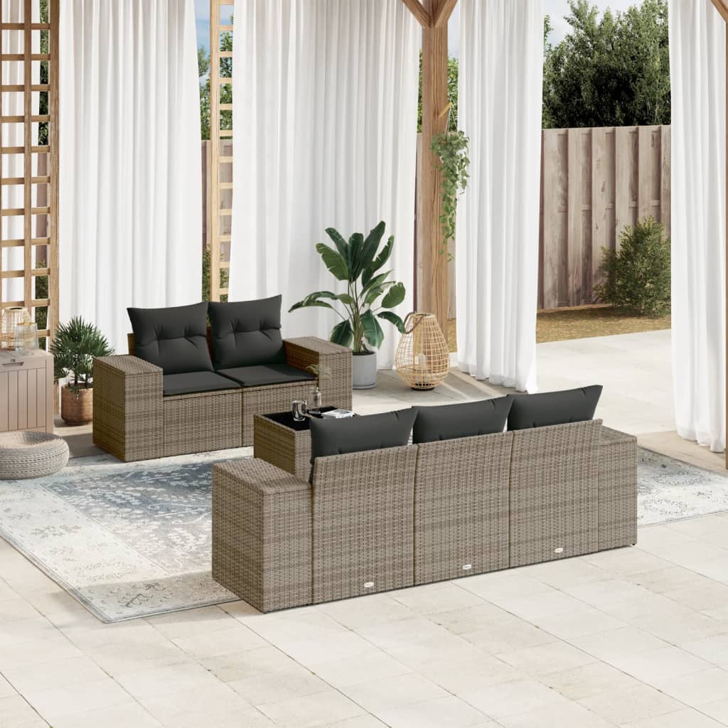 6 Pcs conjunto sofás de jardim com almofadões vime cinzento