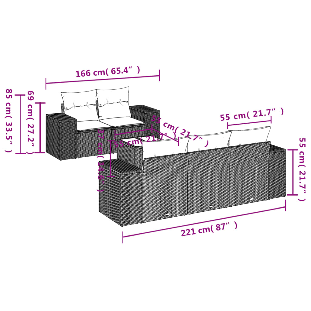 6 Pcs conjunto sofás de jardim com almofadões vime cinzento